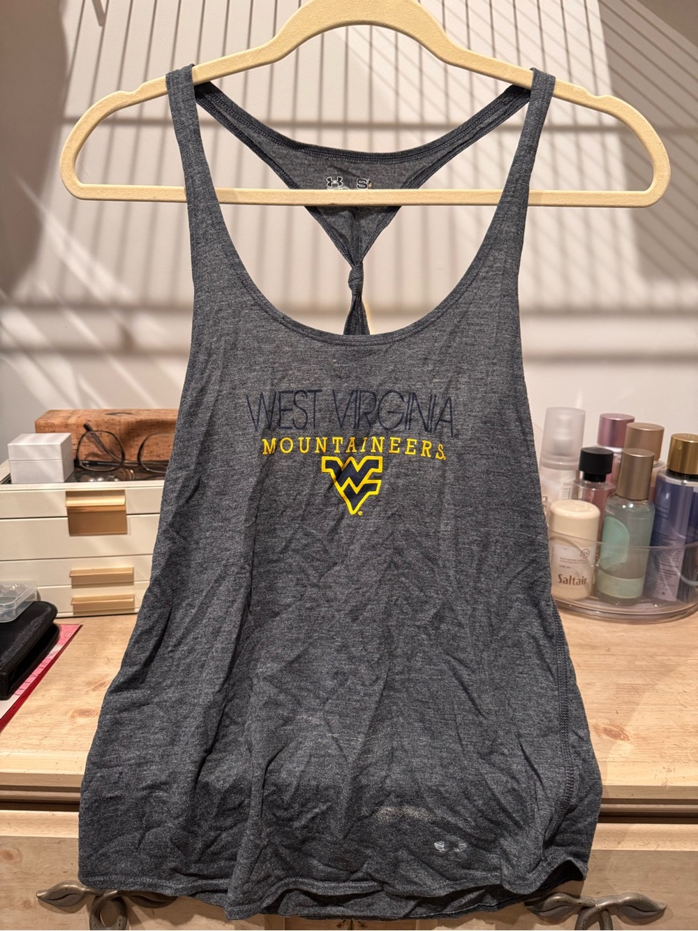Under Armour Gray West Virginia Mountaineers Racerback Tank with Yellow Logo